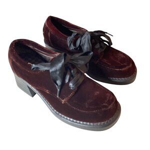 Vtg Y2K Ellemenno Burgundy Velvet Lace-Up Chunky Heel Shoes Women's Size 7 Goth